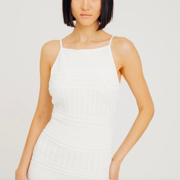 Torn by Ronny Kobo Pointelle Knit Fringe Yuna Midi Dress  White M NWT $268 - Picture 5 of 5